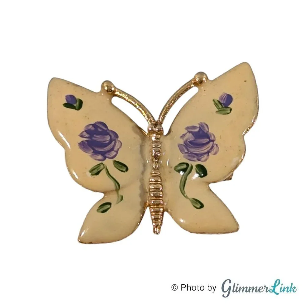 Vintage Cream Butterfly Purple Rose Flowers Hand Painted Enamel Gold Tone Brooch